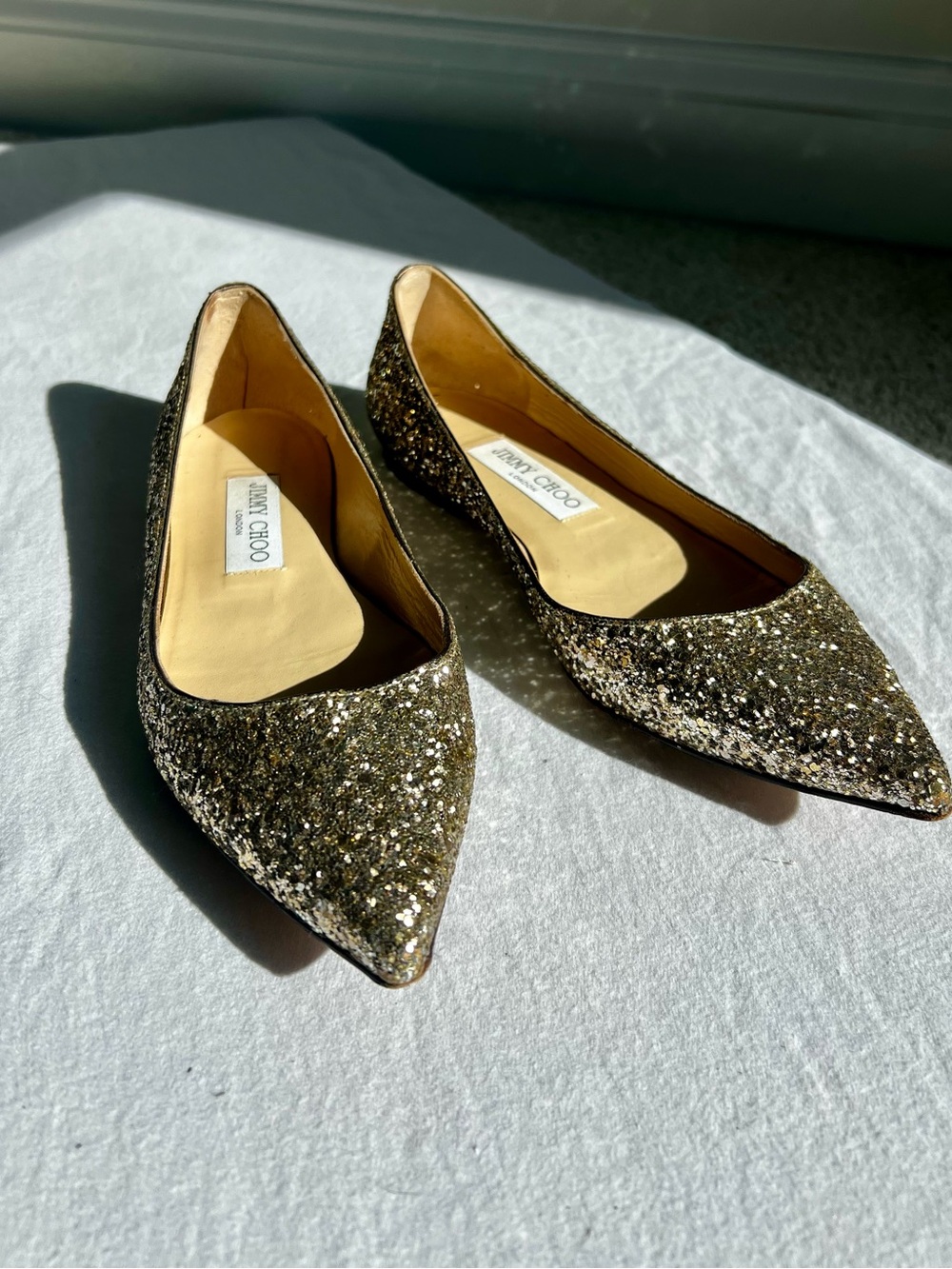 Jimmy Choo Gold Glitter Pointed Toe Flats